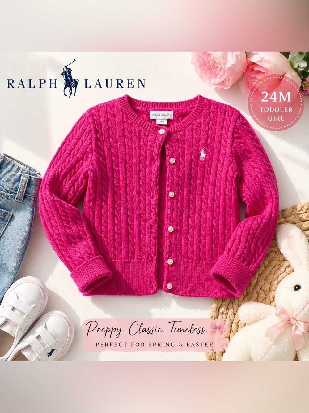 Ralph Lauren Pink Cable Knit Cardigan 24M Preppy Coquette Spring